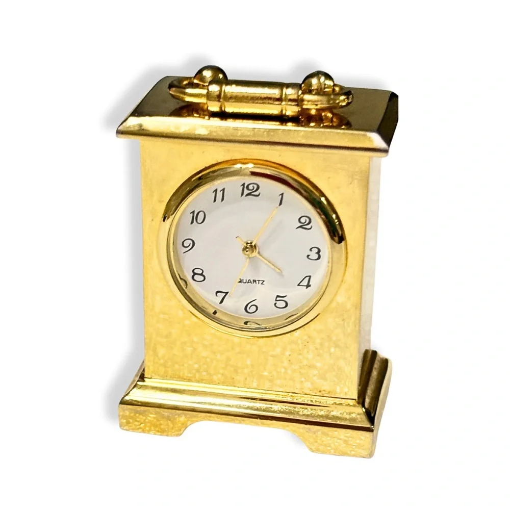Miniature Clock Gold White Face Black Numerals Desk Table Decor Vintage Inspired